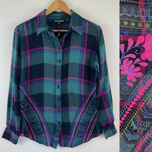 NWOT Tolani Collection Anthropologie Plaid Neon Floral Embroidered Button Down